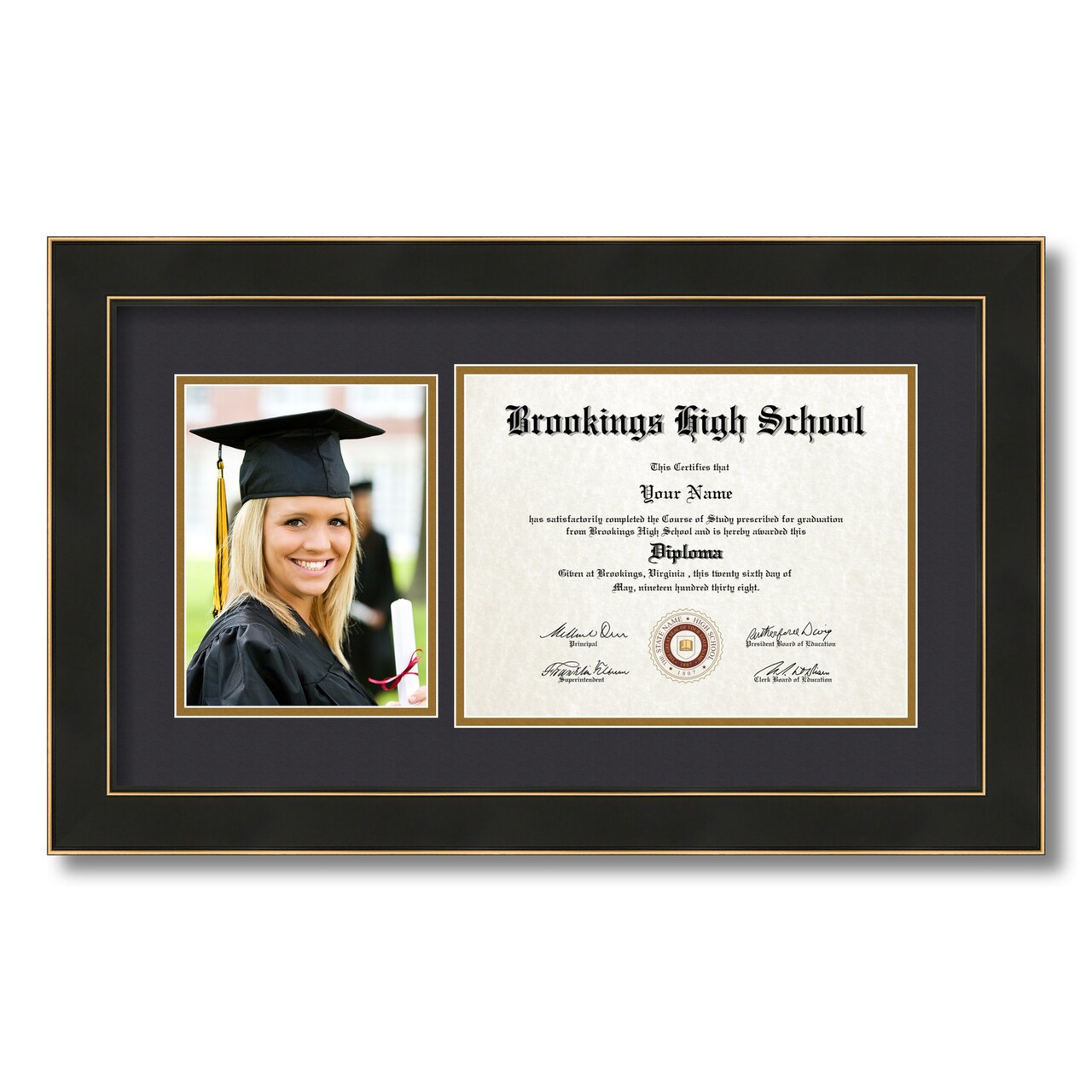 ArtToFrames 8.5x11 inch Diploma Frame with 6" x 8" Inch Image Opening - Framed with Black and Gold Mats, Comes with Regular Acrylic and Sawtooth Hanger for Wall Hanging (DT-8.5x11)